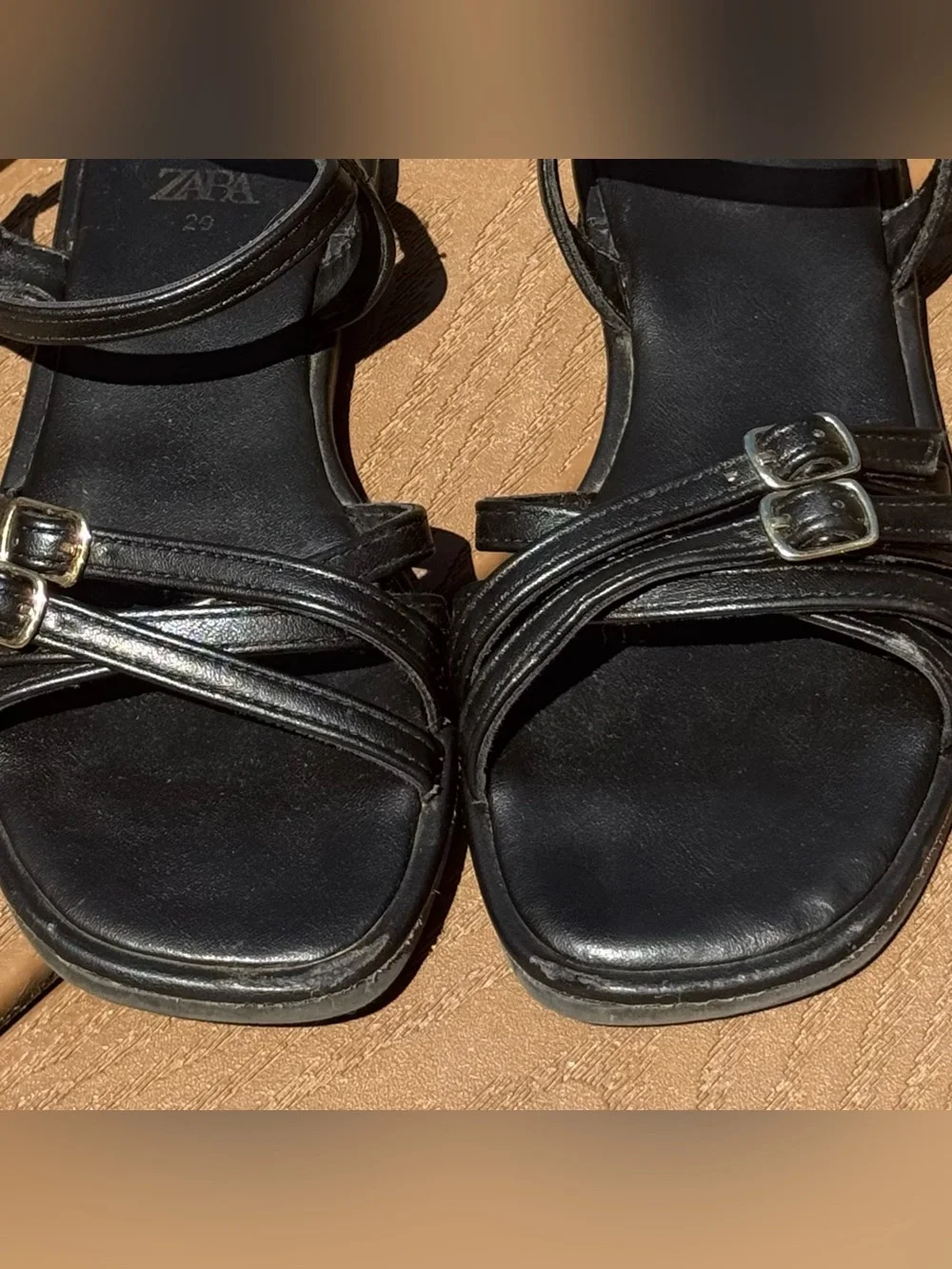 Zara Kids Black Leather Buckled Strap Sandals